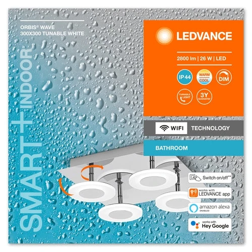 LEDVANCE Wifi SMART+ ORBIS WAVE LED Lampada da soffitto bagno 30x30cm Bianco regolabile 26W / 3000-6500K