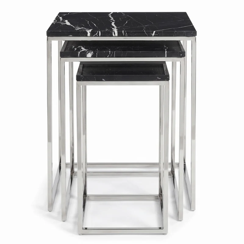 Casa Padrino Luxus Beistelltisch 3er Set Silber / Schwarz - Edelstahl Tische mit Marmorplatte - Wohnzimmer Möbel - Luxus Kollektion