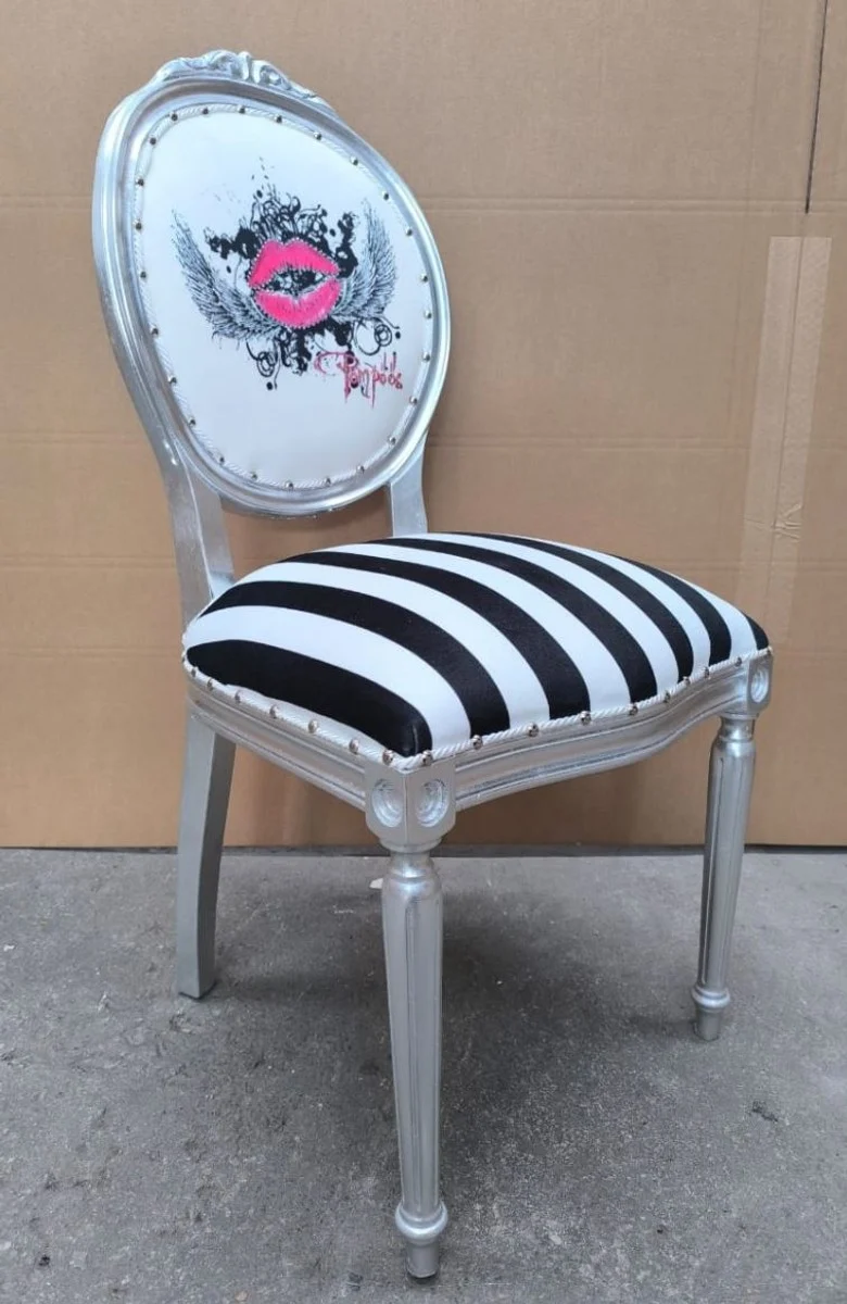 Casa Padrino Luxus Barock Esszimmerstuhl Pompöös by Harald Glööckler Weiß / Schwarz / Silber 50 x 60 x 104 cm