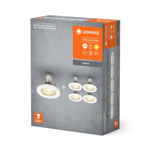 LEDVANCE faretti da incasso confezione da 5, Ø 80mm, incl. 5x lampadine GU10-OSRAM (5x 2.6W), bianco, custodia metallica, protezione IP20