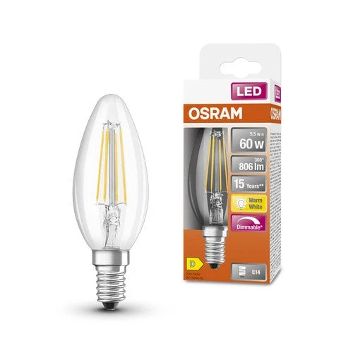 OSRAM Lampade LED Dimmerabili, forma classica a bulbo, sostituzione 60 Watt, E14, forma B, 2700 Kelvin, bianco caldo, vetro trasparente