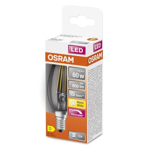 OSRAM Lampade LED Dimmerabili, forma classica a bulbo, sostituzione 60 Watt, E14, forma B, 2700 Kelvin, bianco caldo, vetro trasparente