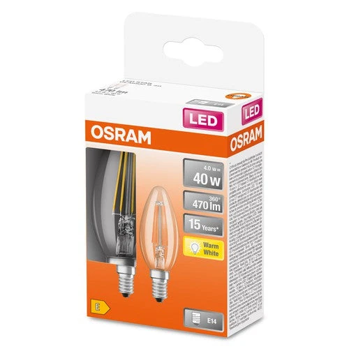 Lampade LED OSRAM, forma classica mini candela, ricambio da 40 watt, E14, forma B, 2700 Kelvin, bianco caldo, vetro trasparente, confezione da 2