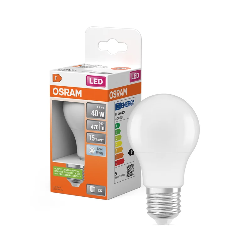 Lampade LED OSRAM, forma classica della lampadina, ricambio da 40 watt, E27, forma A, 4000 Kelvin, bianco freddo, opaco, confezione singola