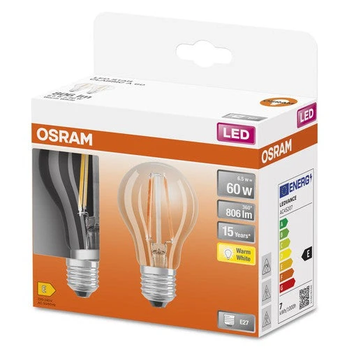 Lampade LED OSRAM, forma classica della lampadina, ricambio da 60 watt, E27, forma A, 2700 Kelvin, bianco caldo, vetro trasparente, confezione da 2