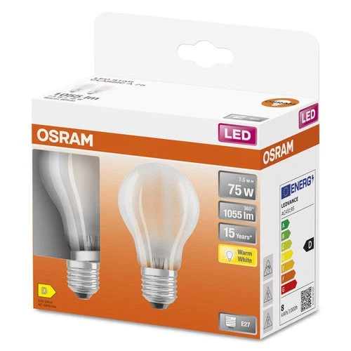 Lampade LED OSRAM, forma classica della lampadina, ricambio da 75 Watt, E27, forma A, 2700 Kelvin, bianco caldo, vetro trasparente, confezione da 2