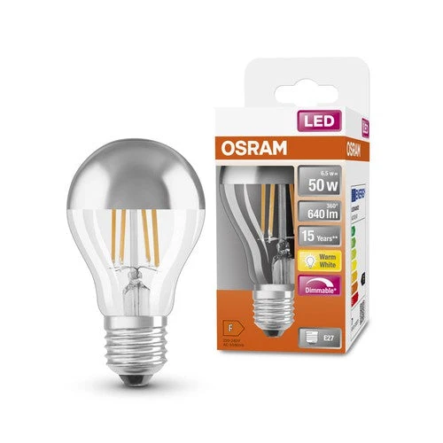 Lampadine LED OSRAM, forma classica a bulbo, con corona a specchio, dimmerabili, sostituzione 50 Watt, E27, forma A, 2700 Kelvin, bianco caldo, vetro trasparente