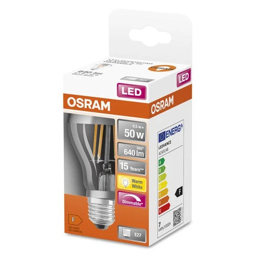 Lampadine LED OSRAM, forma classica a bulbo, con corona a specchio, dimmerabili, sostituzione 50 Watt, E27, forma A, 2700 Kelvin, bianco caldo, vetro trasparente