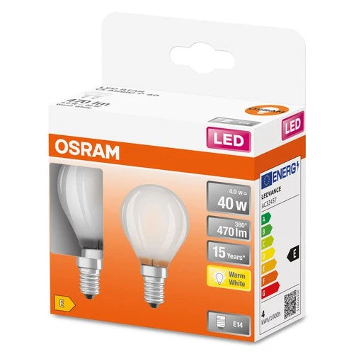 Lampade LED OSRAM, classica forma mini sferica, ricambio da 40 watt, E14, forma P, 2700 Kelvin, bianco caldo, vetro trasparente, confezione da 2