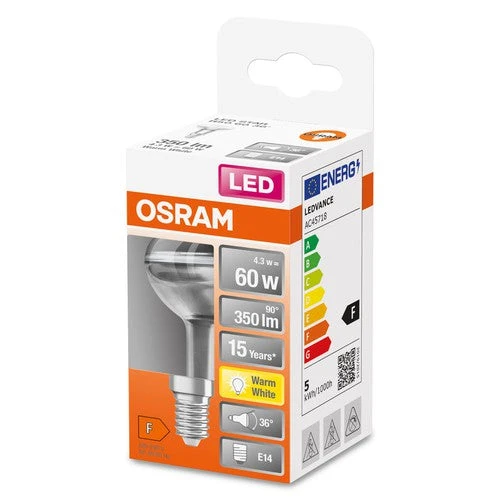 Lampade LED OSRAM con riflettore R50 con attacco a vite retrofit, ricambio da 60 watt, E14, forma R50, 2700 Kelvin, bianco caldo, vetro trasparente, confezione singola