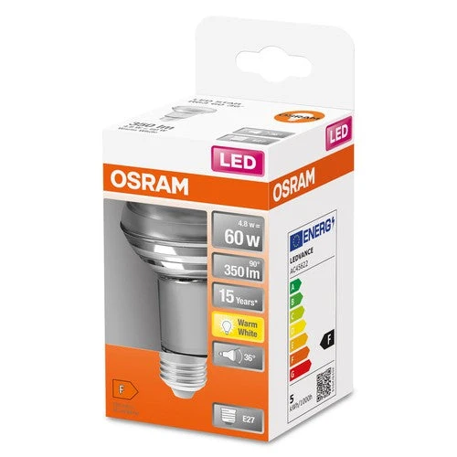 Lampade LED OSRAM con riflettore R63 con attacco a vite retrofit, ricambio da 60 watt, E27, forma R63, 2700 Kelvin, bianco caldo, vetro trasparente, confezione singola