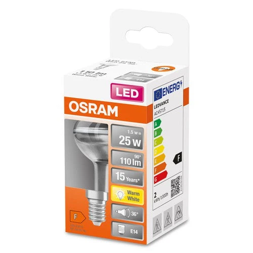 OSRAM lampadine LED riflettore R50 con attacco a vite retrofit, sostituzione 25 watt, E14, forma R50, 2700 kelvin, bianco caldo, vetro trasparente