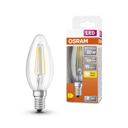 Lampadina LED a filamento OSRAM con attacco E14, forma a candela, bianco caldo (2700K), 6W, sostituto per lampadina a incandescenza da 60W, LED Retrofit CLASSIC B