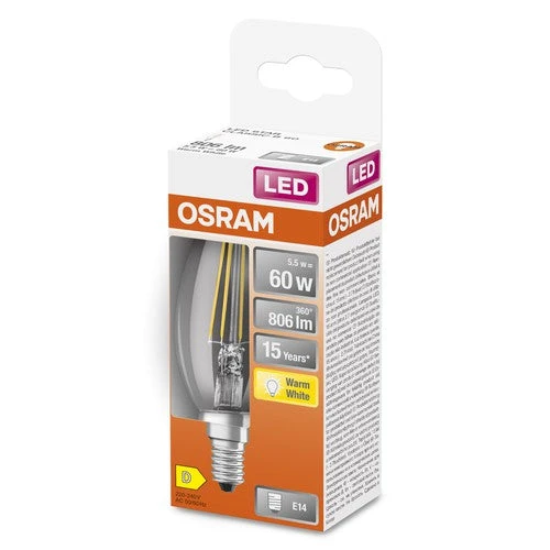 Lampadina LED a filamento OSRAM con attacco E14, forma a candela, bianco caldo (2700K), 6W, sostituto per lampadina a incandescenza da 60W, LED Retrofit CLASSIC B