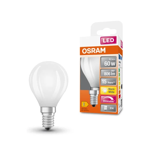 OSRAM Lampadina LED a filamento dimmerabile con attacco E14, bianco caldo (2700K), forma a goccia, 6.5W, sostituto per lampadina a incandescenza da 60W, opaca, LED Retrofit CLASSIC P DIM