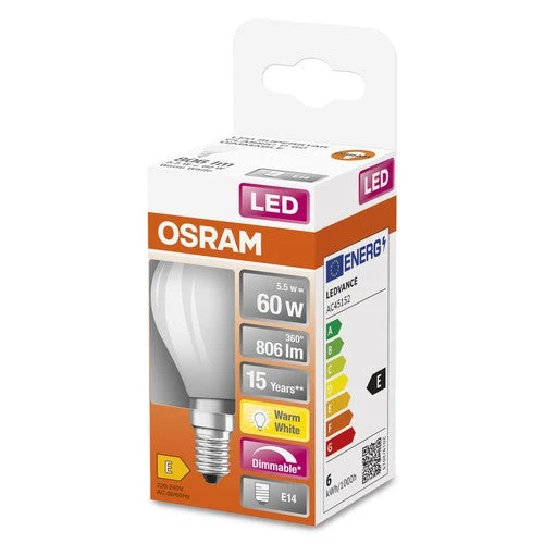 OSRAM Lampadina LED a filamento dimmerabile con attacco E14, bianco caldo (2700K), forma a goccia, 6.5W, sostituto per lampadina a incandescenza da 60W, opaca, LED Retrofit CLASSIC P DIM