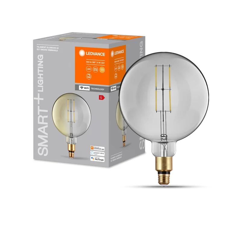 LEDVANCE Lampadina LED intelligente con tecnologia Wifi, attacco E27, dimmerabile, bianco caldo (2500K), grande forma a globo, filamento chiaro in vetro fumé, sostituto per tradizionale 37W, controllabile con Alexa, Google e app