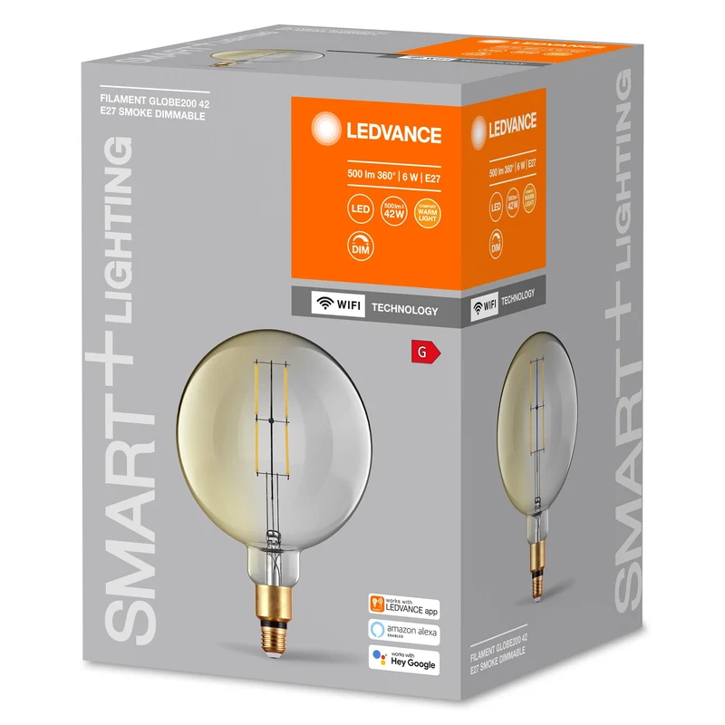 LEDVANCE Lampadina LED intelligente con tecnologia Wifi, attacco E27, dimmerabile, bianco caldo (2500K), grande forma a globo, filamento chiaro in vetro fumé, sostituto per tradizionale 37W, controllabile con Alexa, Google e app