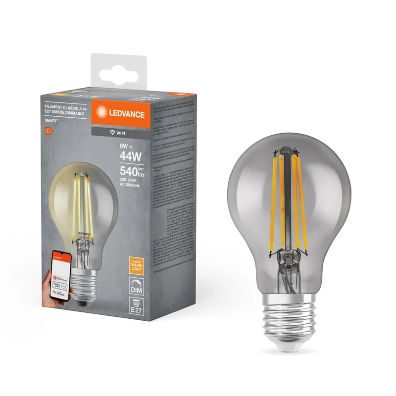 LEDVANCE Lampadina LED intelligente con tecnologia Wifi, attacco E27, dimmerabile, bianco caldo (2500K), forma a bulbo, filamento chiaro in vetro fumé, sostituto per lampadine tradizionali da 44W, controllabile con Alexa, Google e app