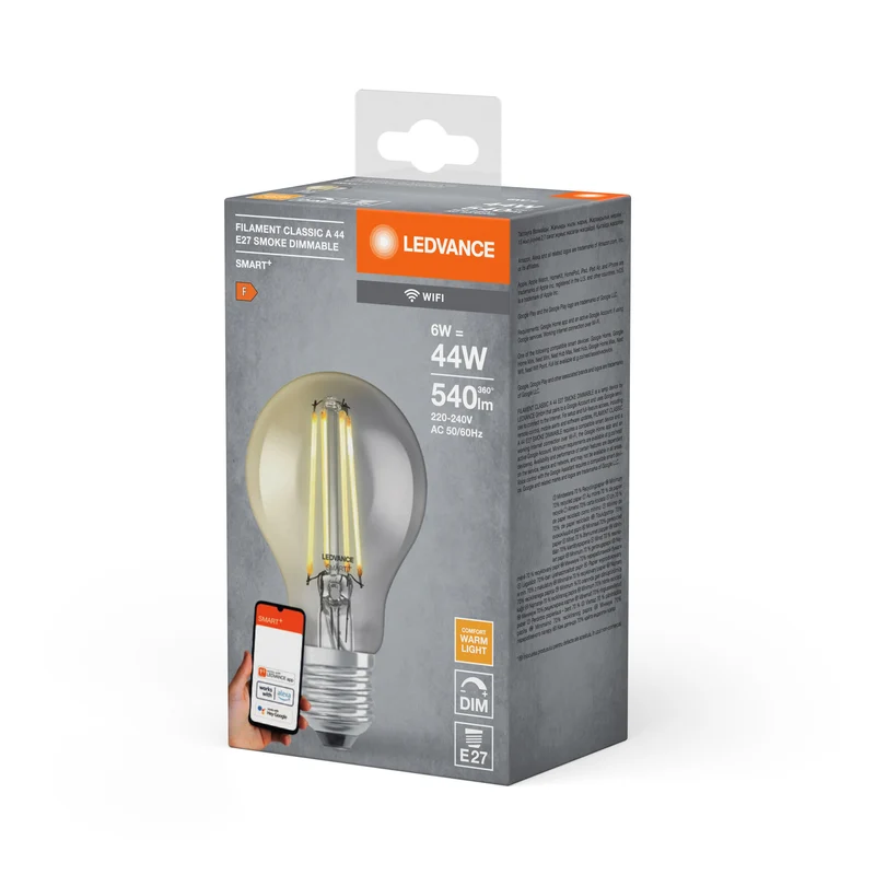 LEDVANCE Lampadina LED intelligente con tecnologia Wifi, attacco E27, dimmerabile, bianco caldo (2500K), forma a bulbo, filamento chiaro in vetro fumé, sostituto per lampadine tradizionali da 44W, controllabile con Alexa, Google e app