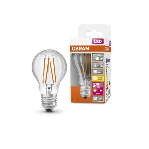 OSRAM Star+ lampada LED con sensore di luce diurna per attacco E27, ottica a filamento, bianco caldo (2700K), 470 lumen, sostituto per lampadine tradizionali da 40W, non dimmerabile, confezione da 1, E27