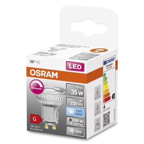 Lampada con riflettore LED OSRAM PAR16 dimmerabile con attacco GU10, bianco freddo (4000K), spot in vetro, 3,7 W, ricambio per lampada con riflettore da 35 W, LED SUPERSTAR PAR16