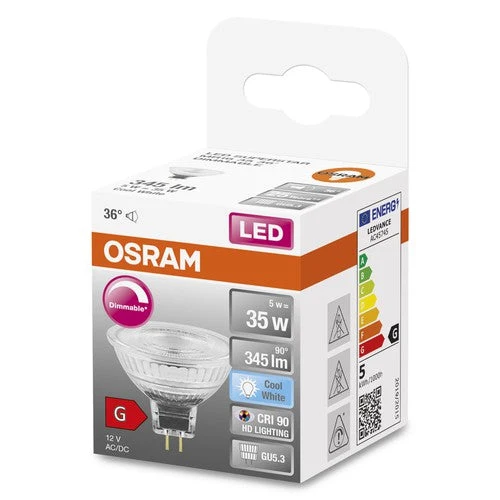 Lampada con riflettore LED OSRAM dimmerabile MR16 con attacco GU5.3, bianco freddo (4000K), 4,9 W, ricambio per lampada con riflettore da 35 W, LED SUPERSTAR MR16 12 V