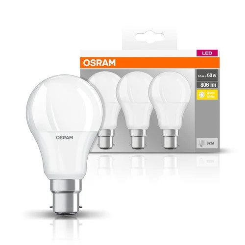 OSRAM BASE CLA60 8,5W/827 230VFR B22D FS3, Bianco caldo, confezione da 3