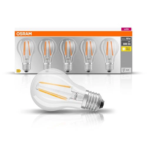 OSRAM LED Lampadina Base Classic (ex 60W) 7W / 2700K Confezione da 5 E27, Bianco caldo