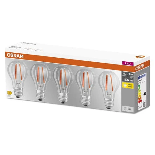 OSRAM LED Lampadina Base Classic (ex 60W) 7W / 2700K Confezione da 5 E27, Bianco caldo