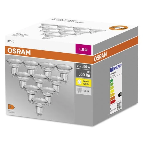 OSRAM LED Base LED-Spot Lampada (ex 50W) 4,3W / 2700K GU10 10 pezzi, Bianco caldo