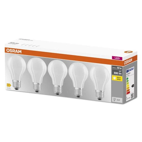 OSRAM LED Base Classic A lampadina LED opaca (ex 60W) 7W / 2700K bianco caldo E27 confezione da 5