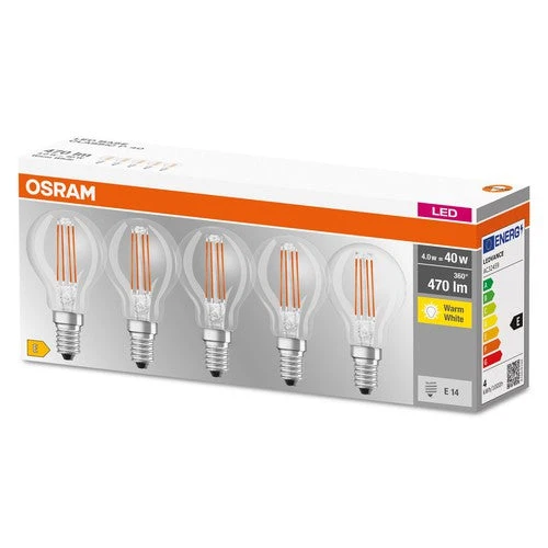 OSRAM LED Base Classic LED Lampadina Filamento (ex 40W) 4W / 2700K Bianco caldo E14, confezione da 5