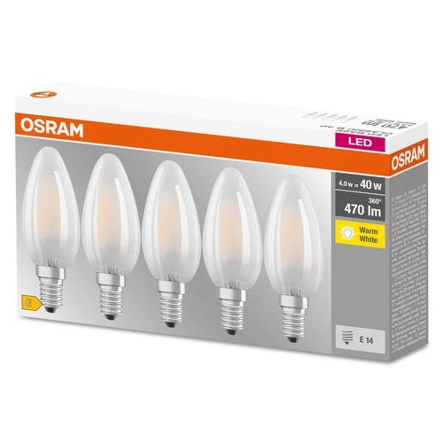 OSRAM LED Base LED Lampadina forma candela opaca (ex 40W) 4W / 2700K Bianco caldo E14 confezione da 5