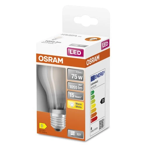 OSRAM LED Retrofit Classic A Lampadina LED opaca (ex 75W) 7,5W / 2700K Bianco caldo E27